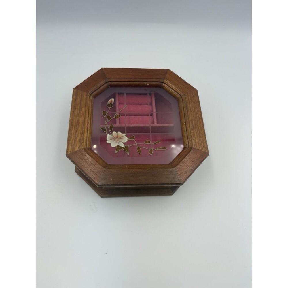 Vintage Wooden Mele Jewelry Box Floral Stained Glass Style Pink Felt 6.25"